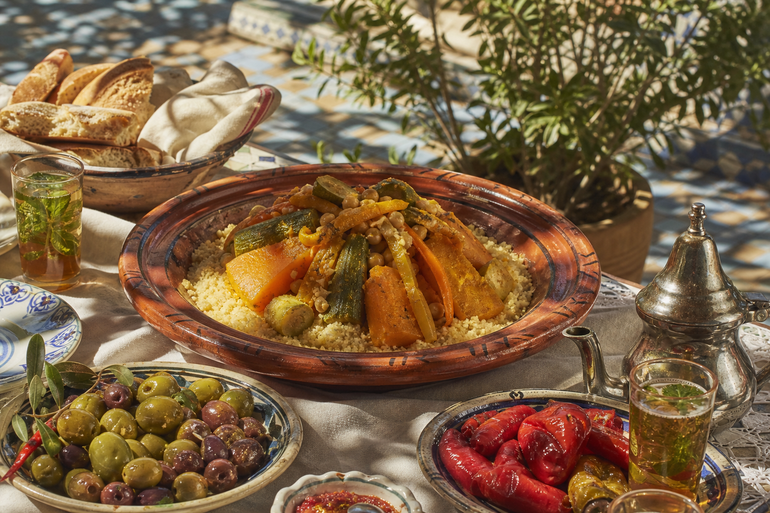 Couscous et thé à la menthe servis dans une cour