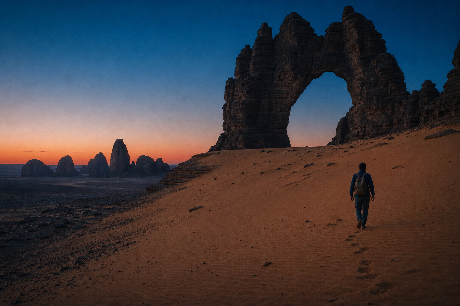 Voyageur marchant vers une arche de grès dans le Sahara algérien à l’aube